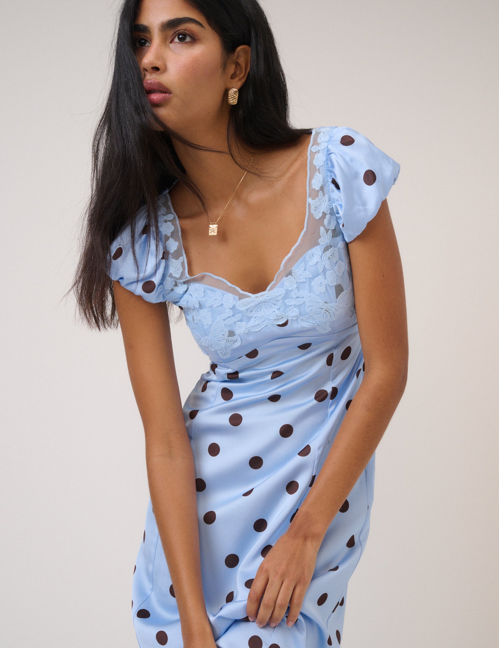 white blue polka dot dress Skylar Mini this piece is as feminine as it is striking Small Polka Dot Poplin /